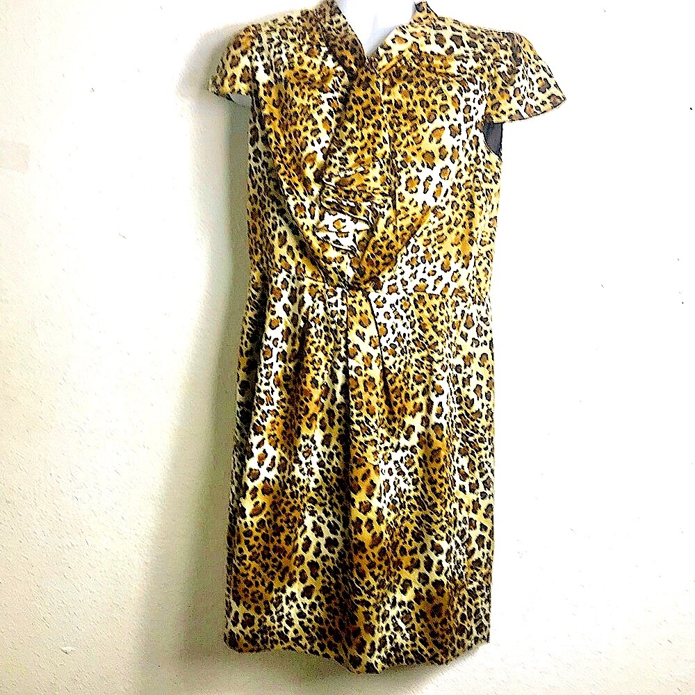 Eli Tahari Cheetah Dress Animal Plus Size Cap Sleeves Rouched front tie